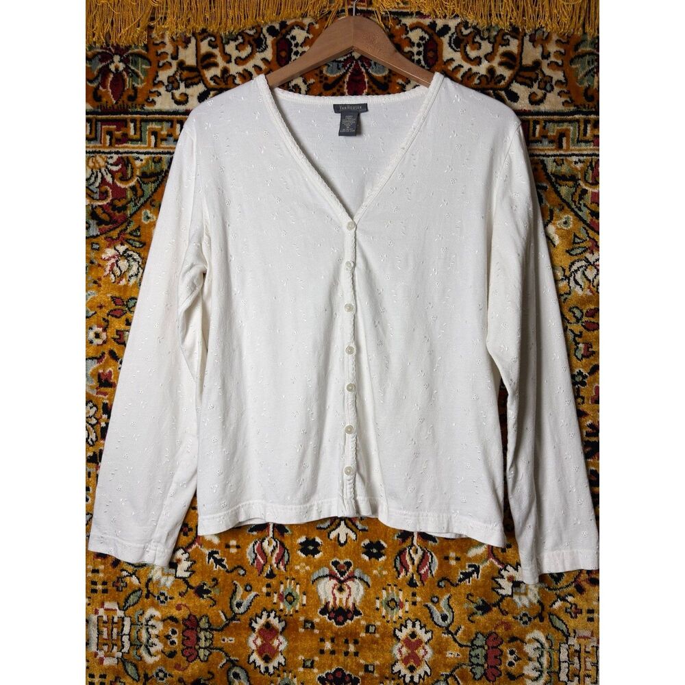 y2K White Embroidered Cotton Embroidered Knit Cardigan Coquette Bridal Size M